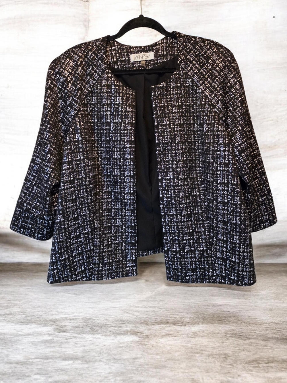 Kasper Black & White Speckled Collarless Jacket with Gold Accents
